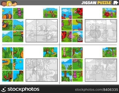 Cartoon illustration of educational jigsaw puzzle games set with insects animal characters
