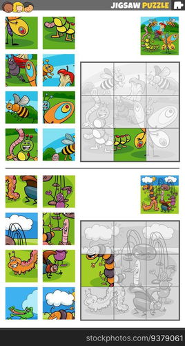 Cartoon illustration of educational jigsaw puzzle games set with insects animal characters group