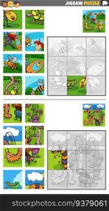 Cartoon illustration of educational jigsaw puzzle games set with insects animal characters group