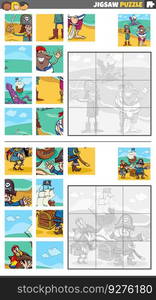 Cartoon illustration of educational jigsaw puzzle games set with pirates characters group