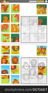 Cartoon illustration of educational jigsaw puzzle games set with squirrels and lions animal characters