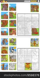 Cartoon illustration of educational jigsaw puzzle games set with wild animal characters