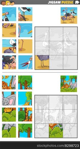 Cartoon illustration of educational jigsaw puzzle games set with wild animal characters group