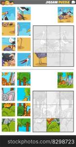 Cartoon illustration of educational jigsaw puzzle games set with wild animal characters group