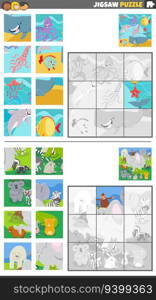 Cartoon illustration of educational jigsaw puzzle games set with wild animal characters group