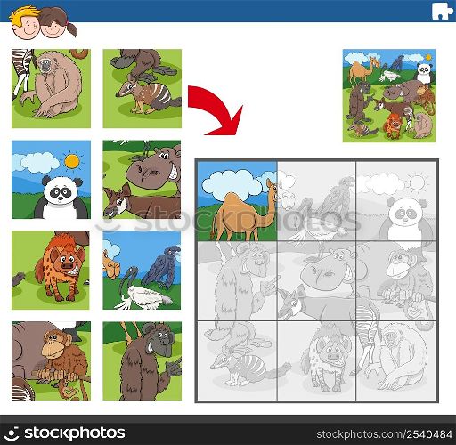 Cartoon illustration of educational jigsaw puzzle task for children with funny animal characters