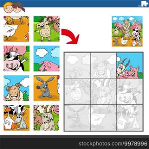 Cartoon illustration of educational jigsaw puzzle task for children with funny farm animal characters