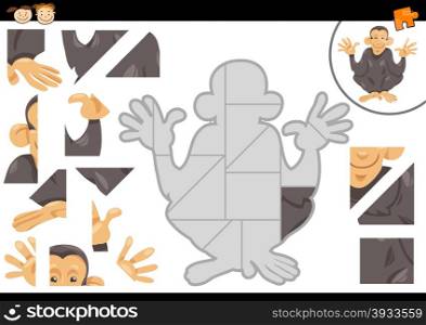 Cartoon Illustration of Educational Jigsaw Puzzle Task for Preschool Children with Chimpanzee Animal Character