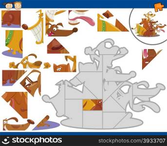 Cartoon Illustration of Educational Jigsaw Puzzle Task for Preschool Children with Dogs Animal Characters