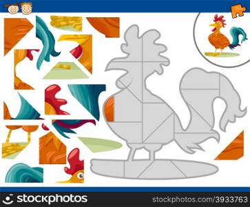 Cartoon Illustration of Educational Jigsaw Puzzle Task for Preschool Children with Farm Rooster Animal Character