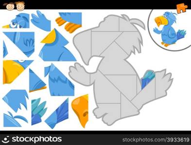 Cartoon Illustration of Educational Jigsaw Puzzle Task for Preschool Children with Parrot Bird Animal Character