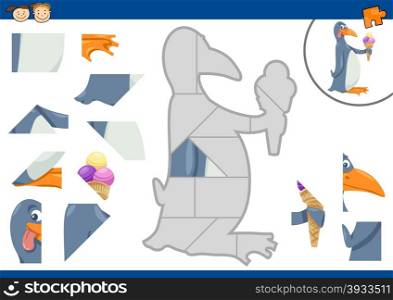 Cartoon Illustration of Educational Jigsaw Puzzle Task for Preschool Children with Penguin Animal Character