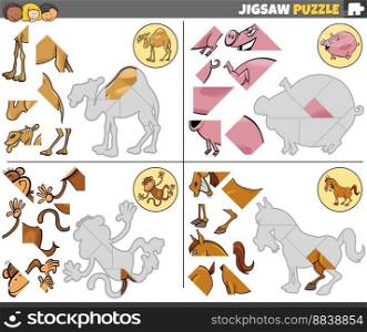 Cartoon illustration of educational jigsaw puzzle tasks set with comic animal characters
