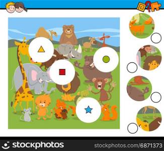 Cartoon Illustration of Educational Match the Elements Game for Children with Wild Animal Characters Group
