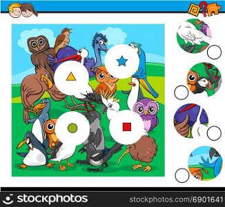 Cartoon Illustration of Educational Match the Pieces Game for Children with Birds Animal Characters