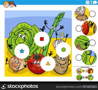 Cartoon illustration of educational match the pieces jigsaw puzzle activity with vegetable characters