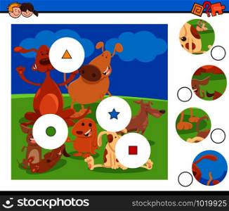 Cartoon Illustration of Educational Match the Pieces Jigsaw Puzzle Game for Children with Happy Dogs Animal Characters
