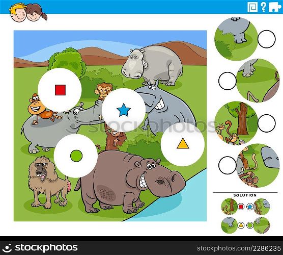 Cartoon illustration of educational match the pieces jigsaw puzzle game for children with funny animal characters group