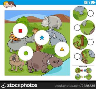 Cartoon illustration of educational match the pieces jigsaw puzzle game for children with funny animal characters group