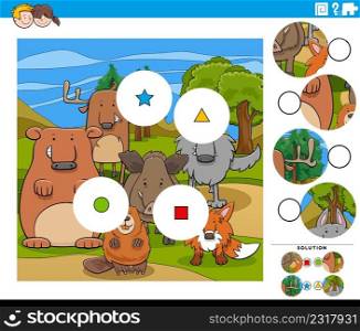 Cartoon illustration of educational match the pieces jigsaw puzzle game for children with funny wild animal characters group