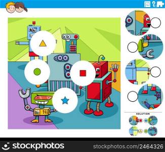 Cartoon illustration of educational match the pieces jigsaw puzzle game for children with funny robot characters group
