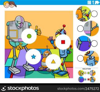 Cartoon illustration of educational match the pieces jigsaw puzzle game for children with comic robot characters group