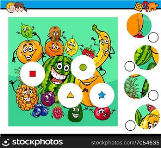 Cartoon Illustration of Educational Match the Pieces Jigsaw Puzzle Game for Children with Happy Fruits Characters