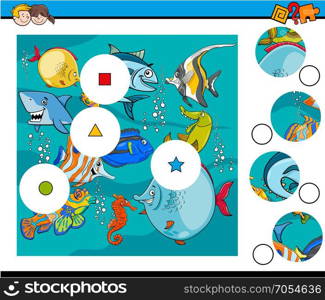 Cartoon Illustration of Educational Match the Pieces Jigsaw Puzzle Game for Children with Fish Animal Characters