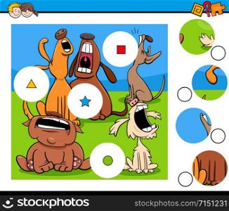 Cartoon Illustration of Educational Match the Pieces Jigsaw Puzzle Game for Children with Funny Howling Dogs Animal Characters
