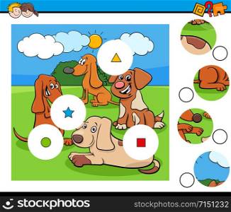 Cartoon Illustration of Educational Match the Pieces Jigsaw Puzzle Game for Children with Cute Dogs Animal Characters