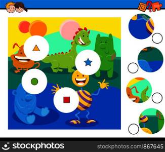 Cartoon Illustration of Educational Match the Pieces Jigsaw Puzzle Game for Children with Funny Fantasy Characters