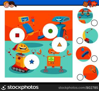 Cartoon Illustration of Educational Match the Pieces Jigsaw Puzzle Game for Children with Happy Robots Fantasy Characters