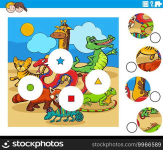 Cartoon illustration of educational match the pieces jigsaw puzzle game for children with animal characters