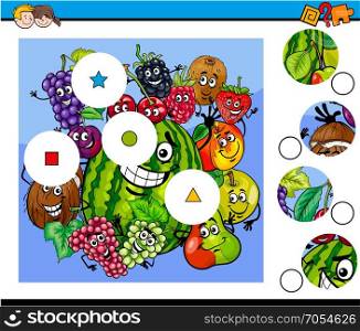 Cartoon Illustration of Educational Match the Pieces Jigsaw Puzzle Game for Children with Fruits Characters