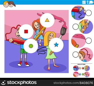 Cartoon illustration of educational match the pieces jigsaw puzzle game with comic pupils characters group