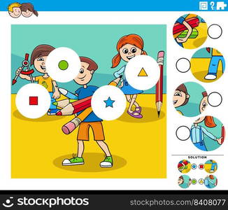 Cartoon illustration of educational match the pieces jigsaw puzzle game with comic pupils characters group