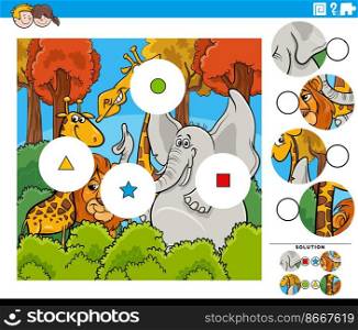 Cartoon illustration of educational match the pieces jigsaw puzzle game with funny wild animal characters