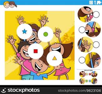 Cartoon illustration of educational match the pieces jigsaw puzzle game with happy children