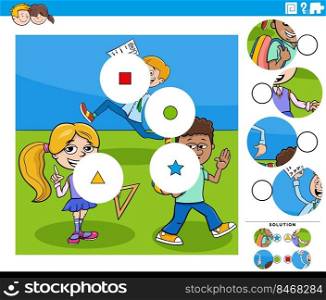 Cartoon illustration of educational match the pieces jigsaw puzzle game with pupils characters group