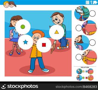 Cartoon illustration of educational match the pieces jigsaw puzzle game with school children characters group