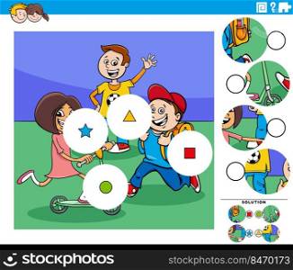 Cartoon illustration of educational match the pieces jigsaw puzzle game with school pupils characters group