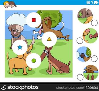 Cartoon Illustration of Educational Match the Pieces Jigsaw Puzzle Task for Children with Dogs Animal Characters
