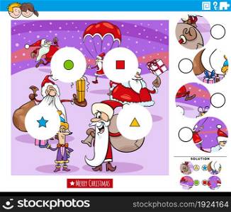 Cartoon illustration of educational match the pieces jigsaw puzzle task for children with Santa Claus characters on Christmas time