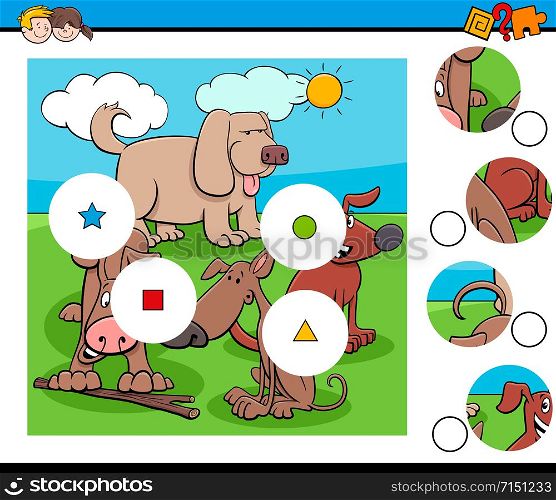 Cartoon Illustration of Educational Match the Pieces Jigsaw Puzzle Task for Children with Funny Dogs Animal Characters
