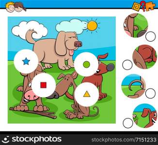 Cartoon Illustration of Educational Match the Pieces Jigsaw Puzzle Task for Children with Funny Dogs Animal Characters
