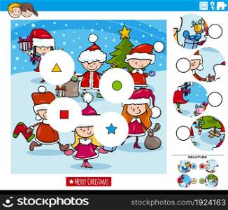 Cartoon illustration of educational match the pieces jigsaw puzzle task with children characters group on Christmas time