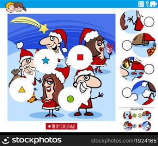 Cartoon illustration of educational match the pieces jigsaw puzzle task with happy people characters group on Christmas time