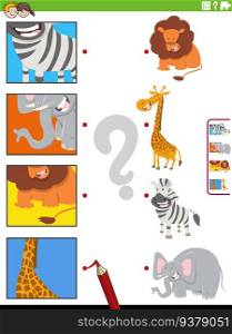 Cartoon illustration of educational matching activity with animal characters and pictures clippings