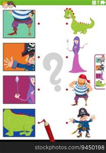 Cartoon illustration of educational matching activity with fantasy characters and pictures clippings
