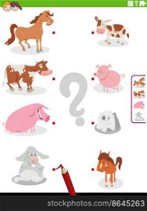 Cartoon illustration of educational matching activity with farm animal species characters and their babies